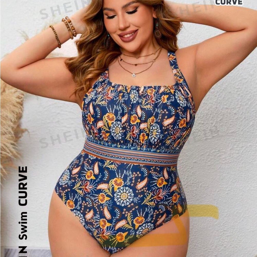 SHEIN Navy Floral One-Piece Swimsuit with Yellow & Orange Accents
